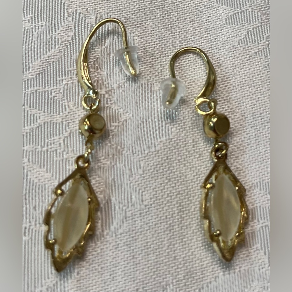 Gold Leaf Dangle Wire Earrings with Rhinestones in Filigree Setting - Picture 5 of 5